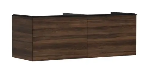 Waschtischunterschrank in Dunkelnußbaum-Finish mit zwei Schubkästen. Designed von Hansgrohe für Konsolen Aufsatzwaschtisch.